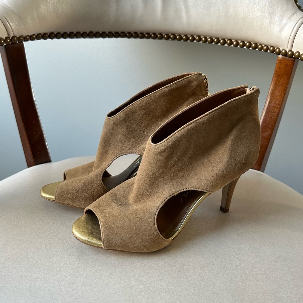 Rowen brown suede peep toe cutout heels
